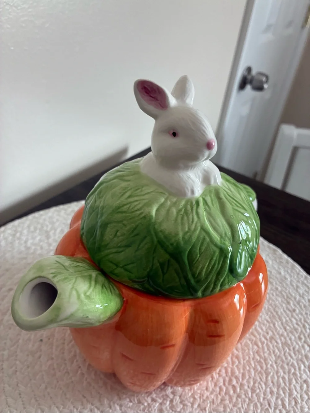 Ceramic Orange Pumpkin Teapot with Green Leaf Lid and White Bunny
